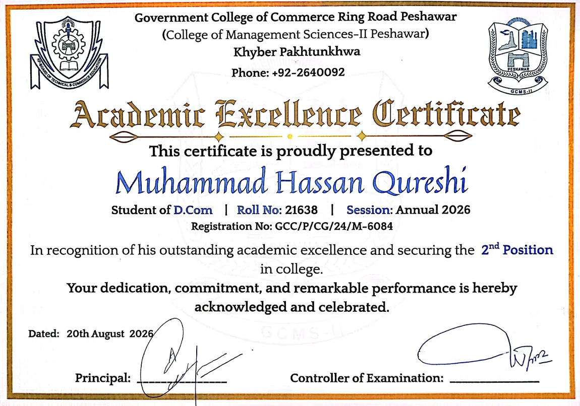 Academic Excellence Certificate — 2nd position in college, D.Com final year, awarded to Muhammad Hassan Qureshi