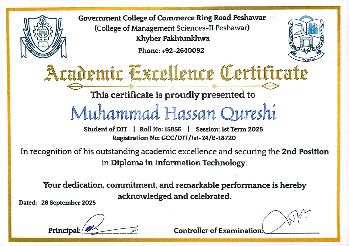 Academic Excellence Certificate — 2nd position in Diploma in Information Technology, Government College of Commerce Peshawar, awarded to Muhammad Hassan Qureshi
