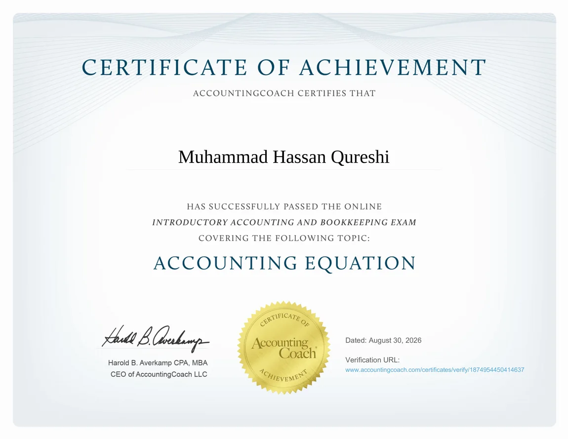 AccountingCoach Certificate of Achievement — the Accounting Equation exam, earned by Muhammad Hassan Qureshi