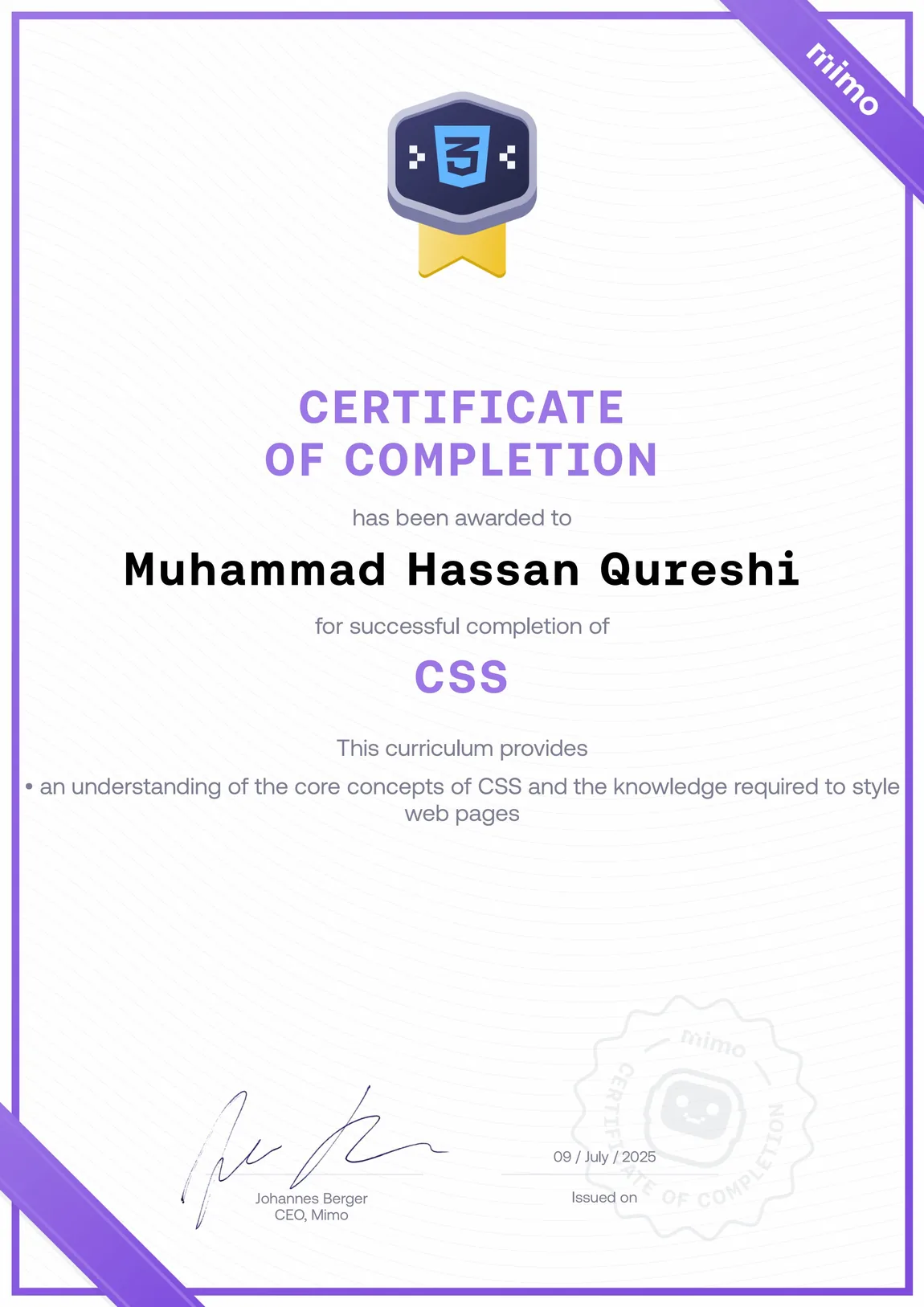 Mimo Certificate of Completion — CSS, Muhammad Hassan Qureshi, July 2025