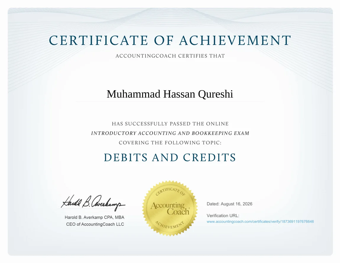 AccountingCoach Certificate of Achievement — Debits and Credits exam, earned by Muhammad Hassan Qureshi