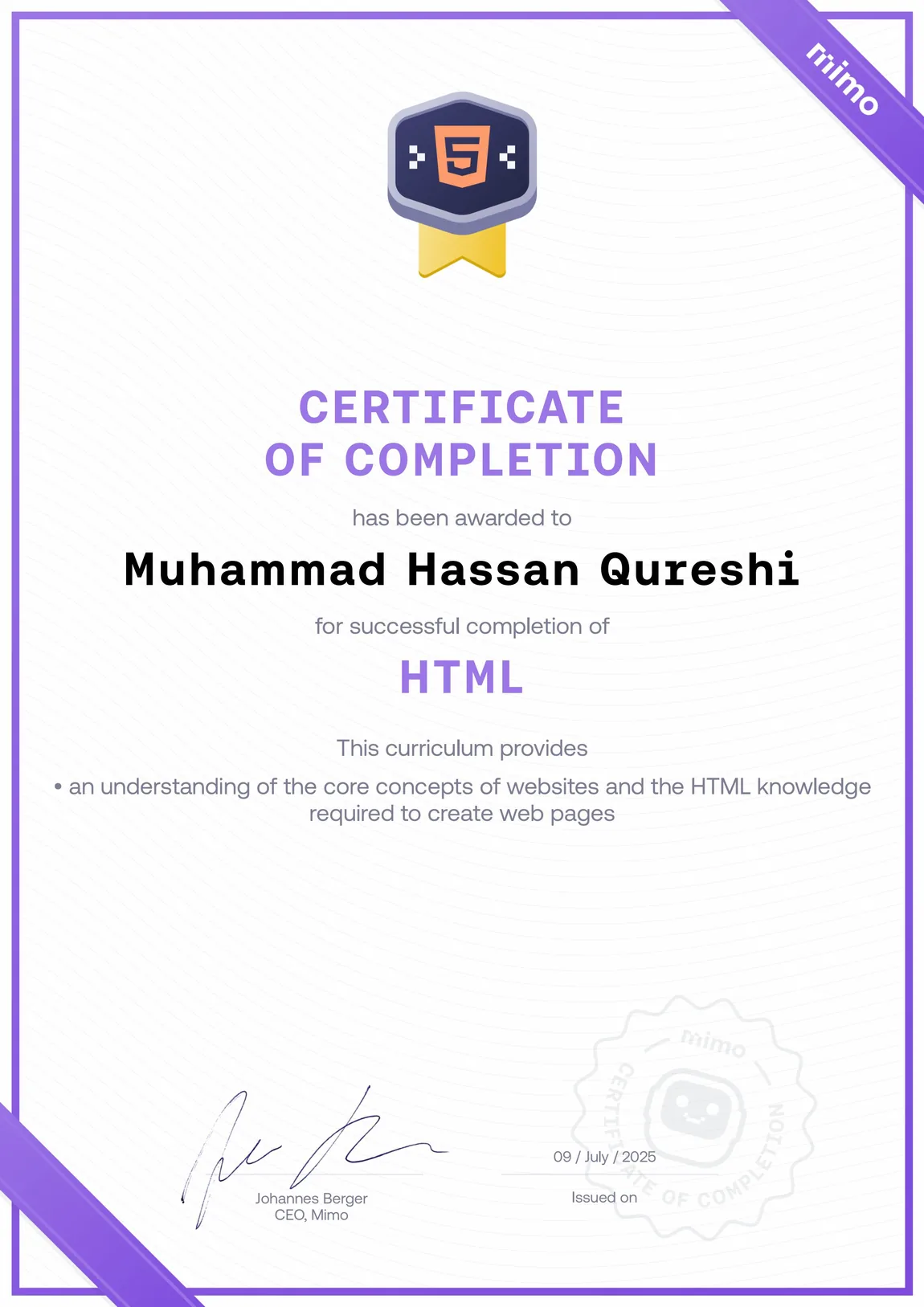 Mimo Certificate of Completion — HTML, Muhammad Hassan Qureshi, July 2025