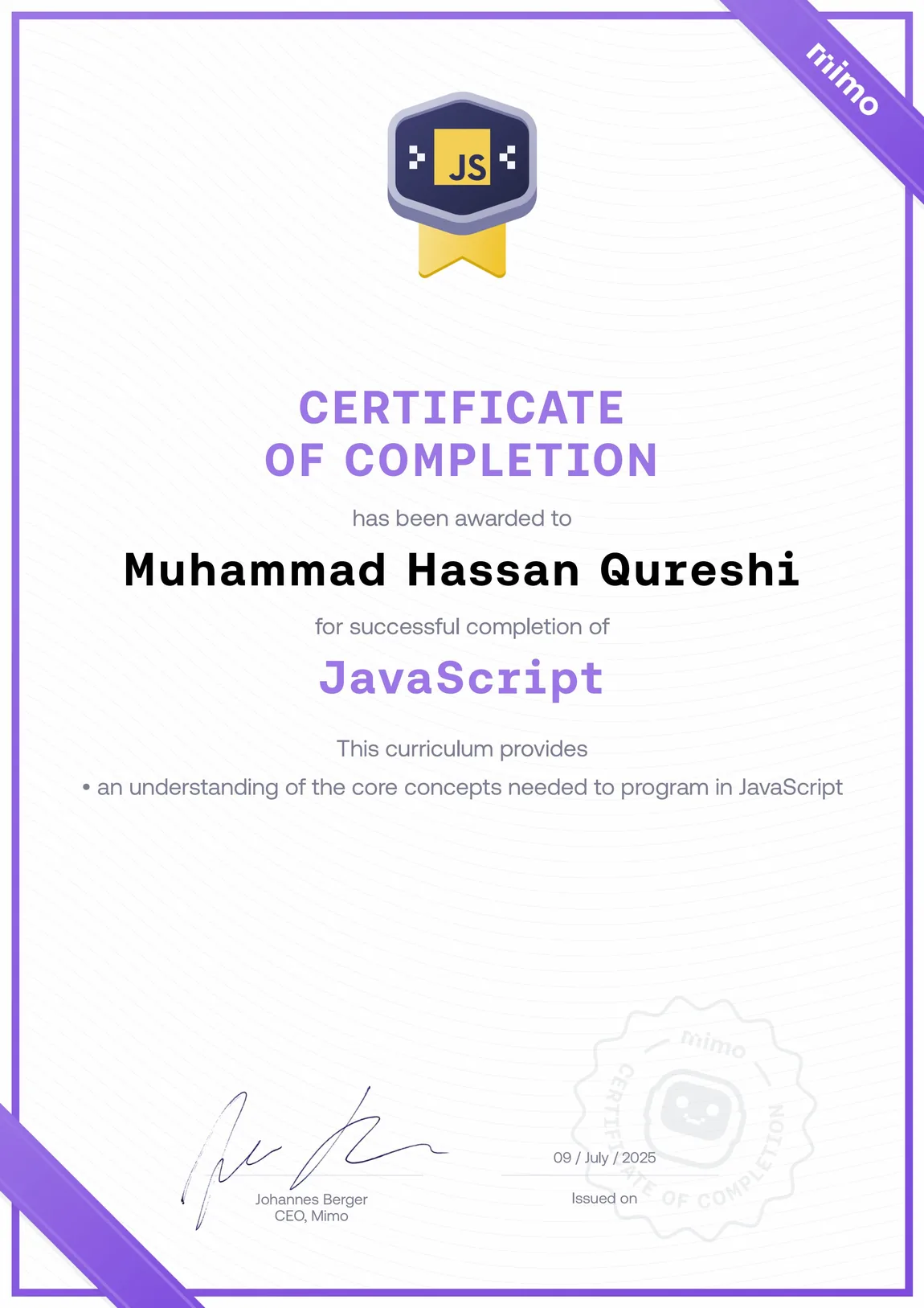 Mimo Certificate of Completion — JavaScript, Muhammad Hassan Qureshi, July 2025