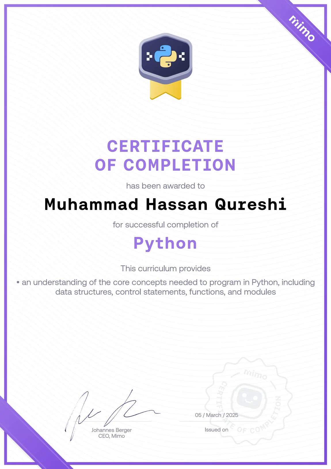 Mimo Certificate of Completion — Python, Muhammad Hassan Qureshi, March 2025