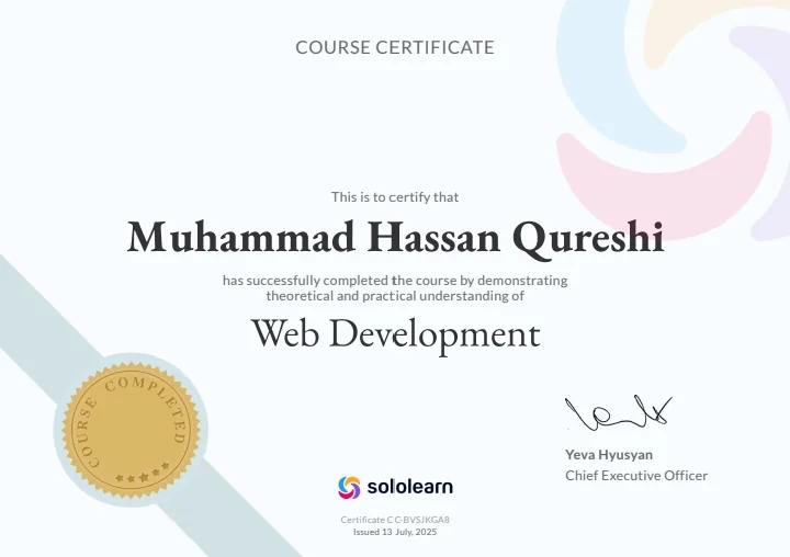 SoloLearn Course Certificate — Web Development, Muhammad Hassan Qureshi, July 2025