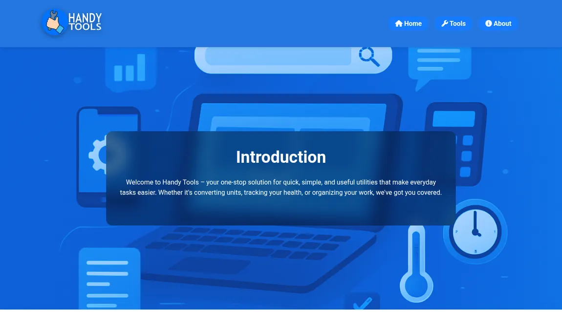 Handy Tools website homepage showing its suite of six online utilities
