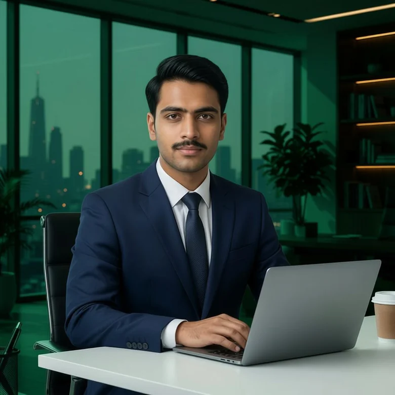 Muhammad Hassan Qureshi in a dark emerald office, working at his laptop